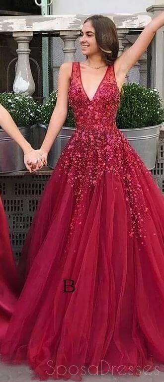 Dark Red V Neck A-line Tulle Long Evening Prom Dresses, Evening Party Prom Dresses, 12179