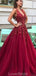 Dark Red V Neck A-line Tulle Long Evening Prom Dresses, Evening Party Prom Dresses, 12179