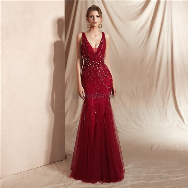 Dark Red V Neck Backless Beaded Mermaid Evening Prom Dresses, Evening Party Prom Dresses, 12065