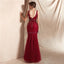 Dark Red V Neck Backless Beaded Mermaid Evening Prom Dresses, Evening Party Prom Dresses, 12065