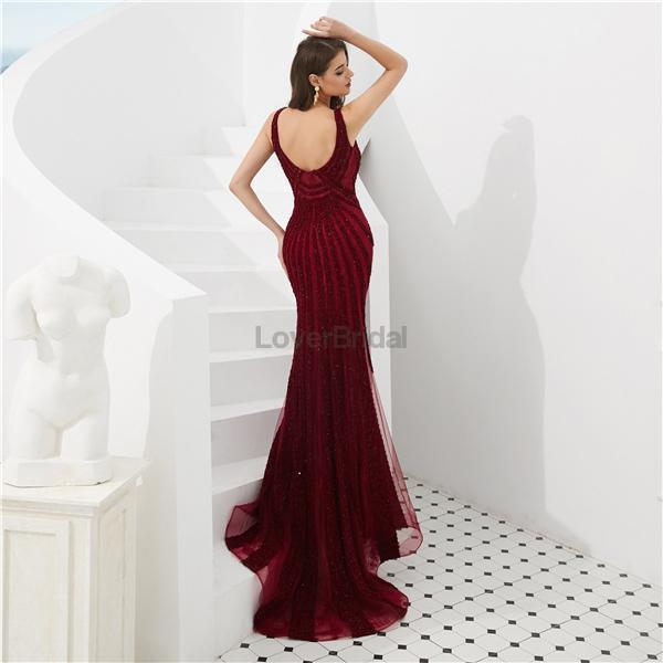 Dark Red V Neck Lace Rhinestone Beaded Evening Prom Dresses, Evening Party Prom Dresses, 12090