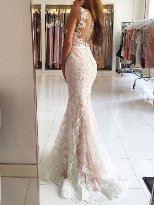 Deep V Neckline Lace Mermaid Long Evening Prom Dresses, Popular Cheap Long Custom Party Prom Dresses, 17344