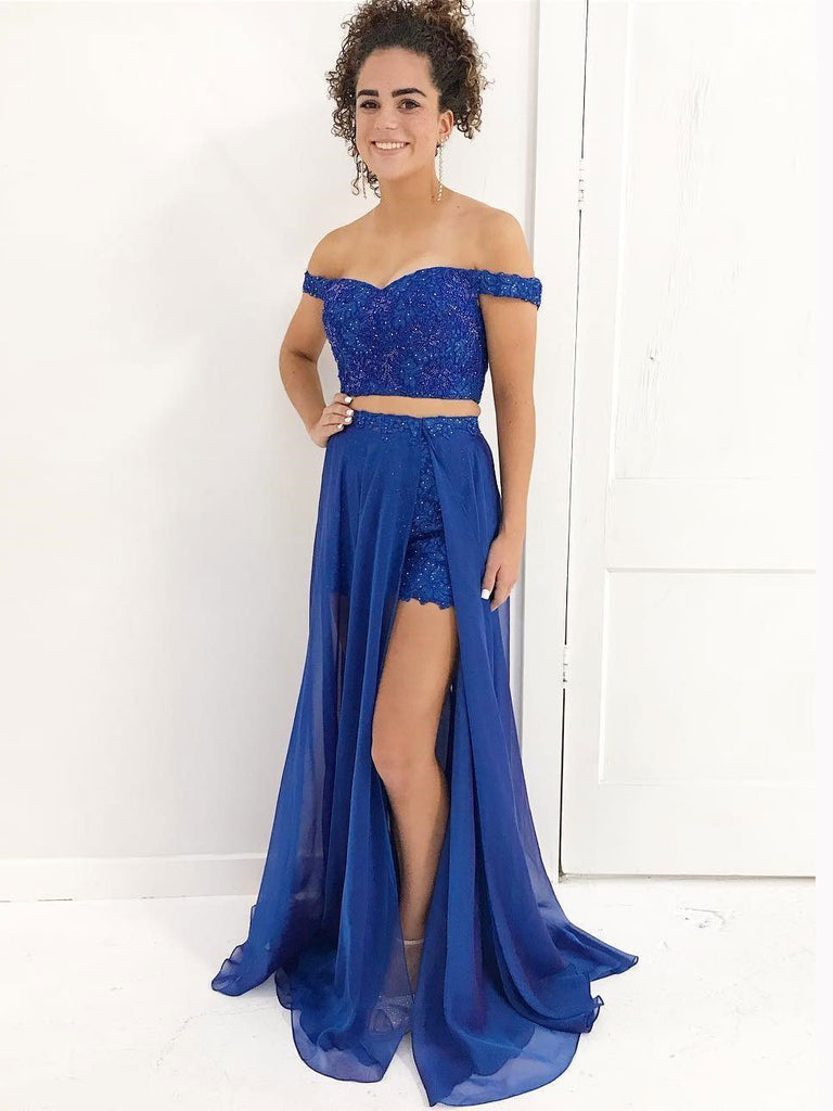 Detachable Royal Blue Lace Off Shoulder Two Pieces Long Custom Evening Prom Dresses, 17446