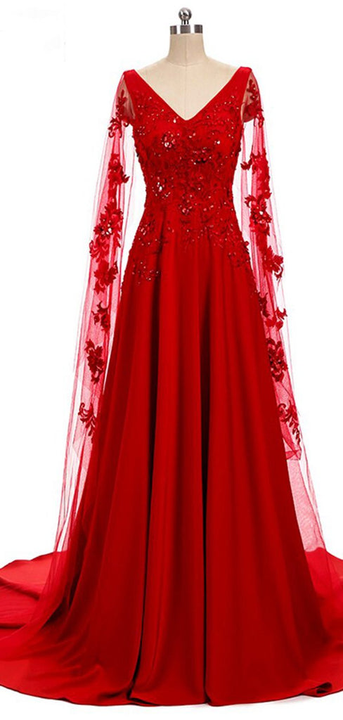 Red A-line Long Sleeves V-neck Cheap Prom Dresses Online,Dance Dresses,12388