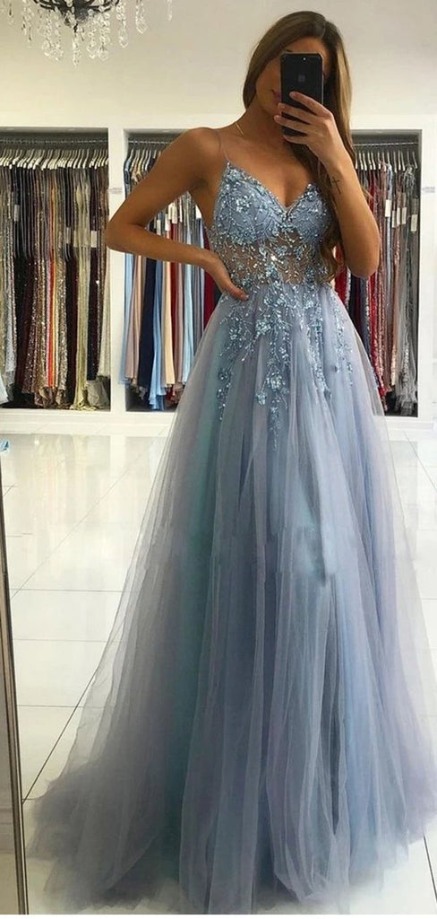 Dusty Blue A-line Spaghetti Straps V-neck See Through Long Prom Dresses Online,12477