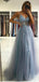 Dusty Blue A-line Spaghetti Straps V-neck See Through Long Prom Dresses Online,12477