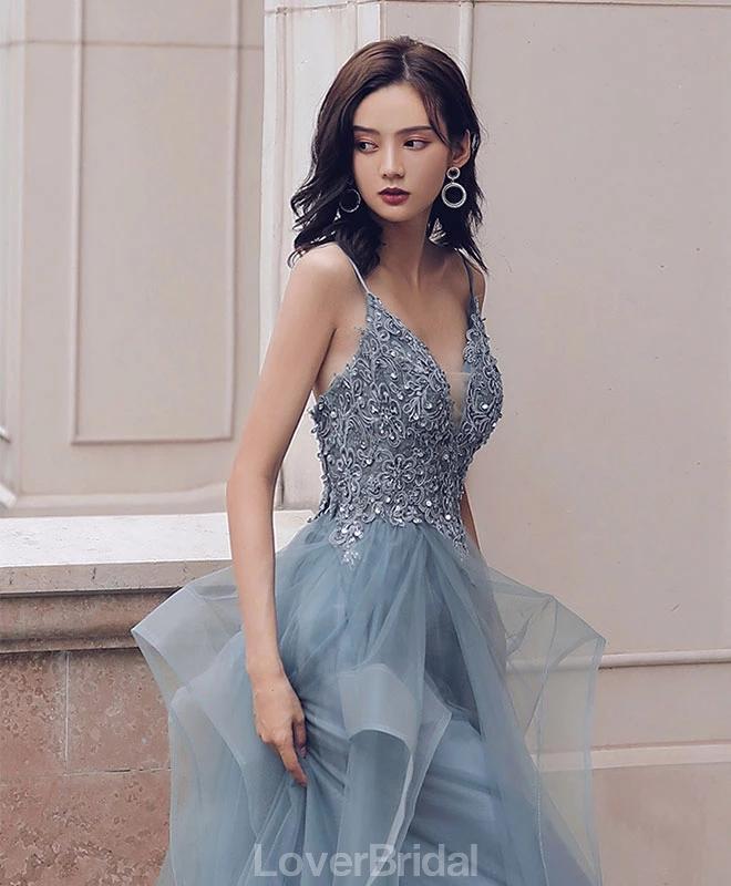 Dusty Blue V Neck Spaghetti Straps Lace Beaded Cheap Evening Prom Dresses, Evening Party Prom Dresses, 12170