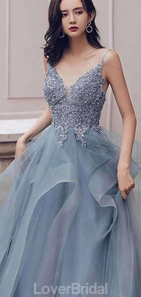 Dusty Blue V Neck Spaghetti Straps Lace Beaded Cheap Evening Prom Dresses, Evening Party Prom Dresses, 12170