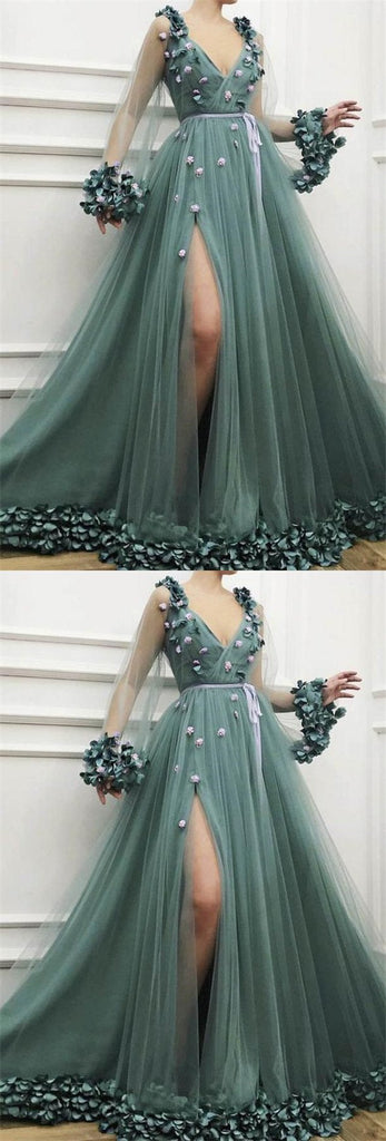 Dusty Green A-line High Slit V-neck Long Sleeves Prom Dresses Online,12478