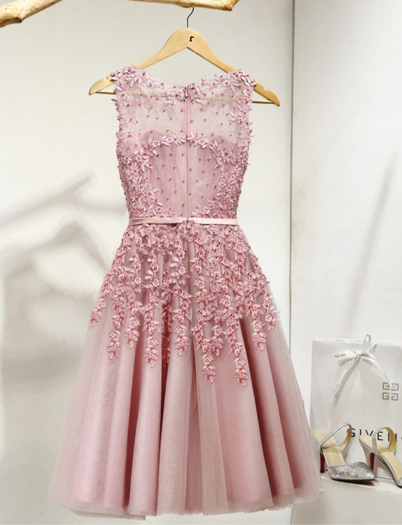 Dusty Pink Lace Beaded See Through Homecoming Prom Dresses, Affordable Short Party Prom Dresses, Perfect Homecoming Dresses, CM267