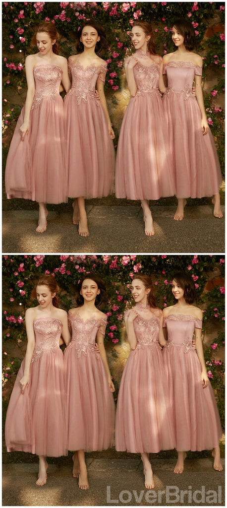 Dusty Pink Lace Tulle Short Mismatched Cheap Bridesmaid Dresses Online, WG535