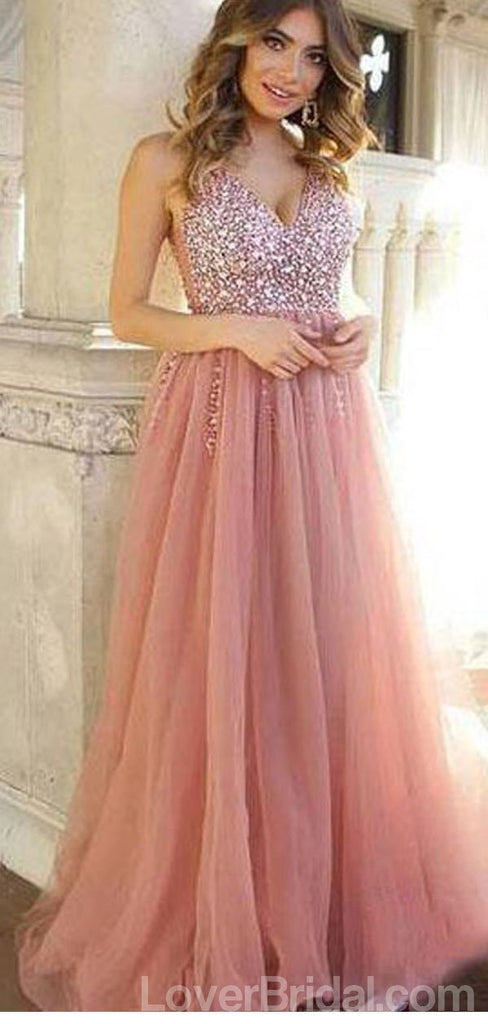 Dusty Pink V Neck Beaded Long Evening Prom Dresses, Cheap Custom Sweet 16 Dresses, 18559