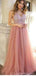 Dusty Pink V Neck Beaded Long Evening Prom Dresses, Cheap Custom Sweet 16 Dresses, 18559