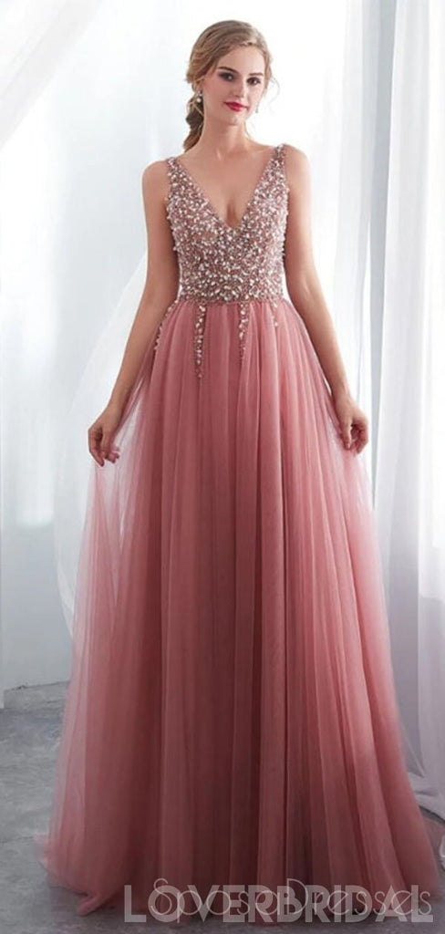 Dusty Pink V Neck Side Slit Beaded Long Evening Prom Dresses, Cheap Custom Sweet 16 Dresses, 18519