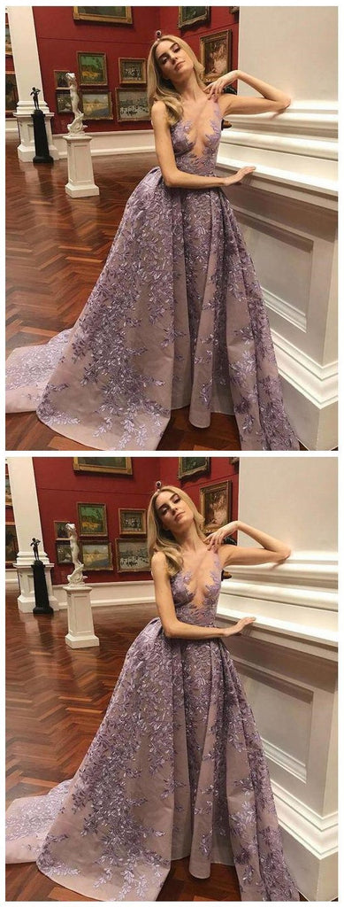 Dusty Purple Lace A line Scoop Cheap Long Evening Prom Dresses, Cheap Sweet 16 Dresses, 18377