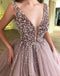 Dusty Purple V Neck Heavily Beaded Cheap Evening Prom Dresses, Evening Party Prom Dresses, 12172