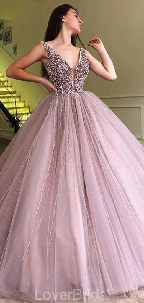 Dusty Purple V Neck Heavily Beaded Cheap Evening Prom Dresses, Evening Party Prom Dresses, 12172