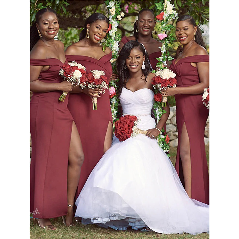 Dusty Red Mermaid Off Shoulder Side Slit Cheap Long Bridesmaid Dresses,WG1147