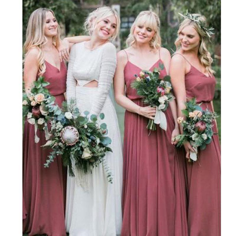 Dusty Red Spaghetti Straps Custom Chiffon Cheap Bridesmaid Dresses Online, WG350