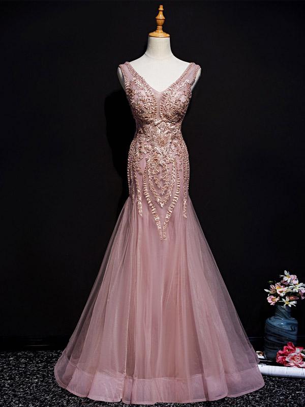 Dusty Rose Mermaid V-neck Long Prom Dresses Online, Dance Dresses,12450