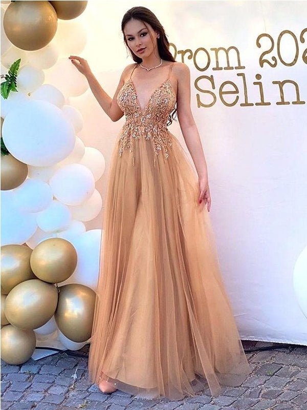 Elegant A-line V-neck Spaghetti Straps Long Prom Dresses,Evening Dresses,12909