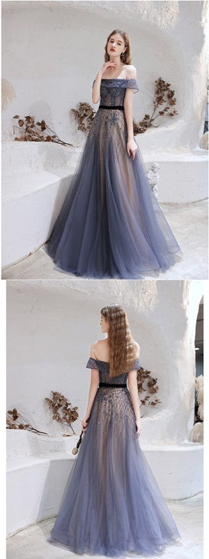 Elegant Blue A-line Off Shoulder Long Prom Dresses Online, Evening Party Dresses,12566