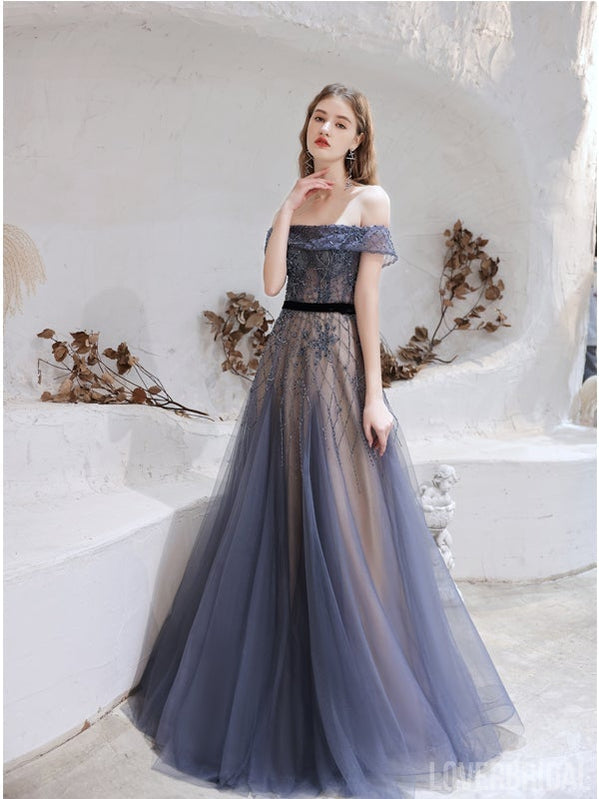 Elegant Blue A-line Off Shoulder Long Prom Dresses Online, Evening Party Dresses,12566