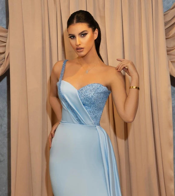 Elegant Blue Sheath One Shoulder Side Slit Long Prom Dresses Online,12829