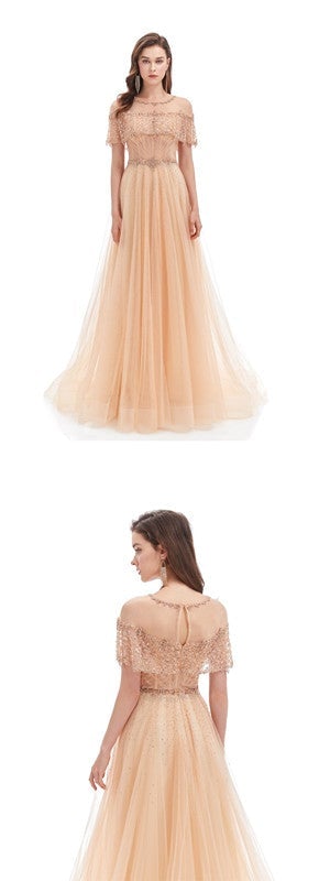 Elegant Champagne A-line Short Sleeves Long Prom Dresses Online,12583