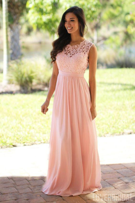 Elegant Lace Floor-Length Applique Blush Pink Long Formal Cheap Chiffon Bridesmaid Dresses, WG35