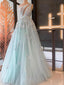 Elegant Light Blue A-line One Shoulder Maxi Long Prom Dresses,Evening Dresses,12955