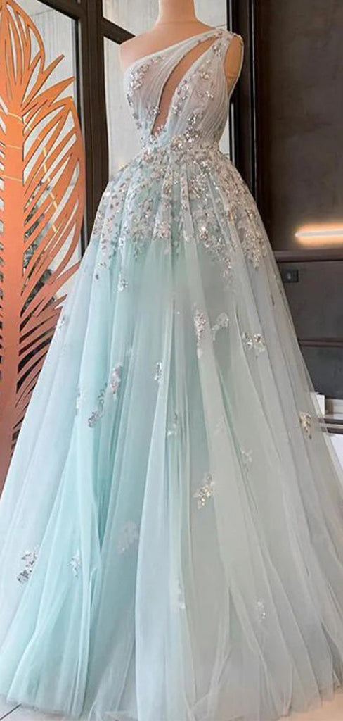 Elegant Light Blue A-line One Shoulder Maxi Long Prom Dresses,Evening Dresses,12955