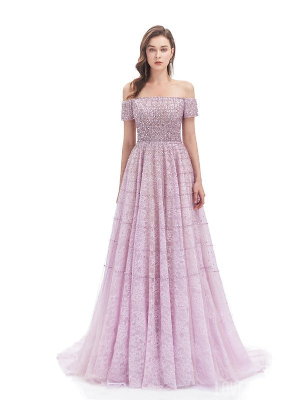 Elegant Lilac A-line Short Sleeves Off Shoulder Long Prom Dresses Online,12584