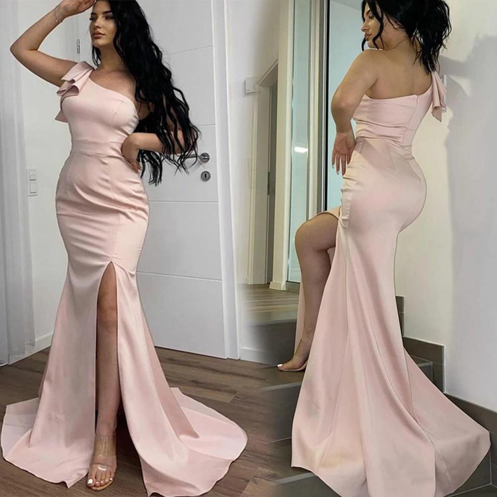 Elegant Mermaid Pink One Shoulder Side Slit Long Bridesmaid Dresses Online,WG983