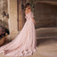 Elegant Pink A-line Short Sleeves Off Shoulder Maxi Long Prom Dresses,13075