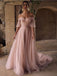 Elegant Pink A-line Short Sleeves Off Shoulder Maxi Long Prom Dresses,13075