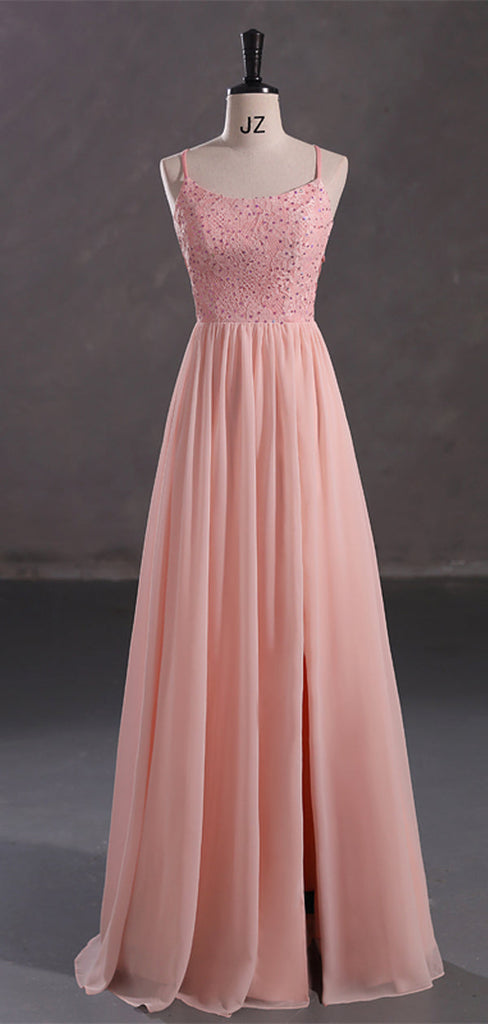 Elegant Pink A-line Spaghetti Straps Cheap Long Prom Dresses Online,12860