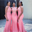 Elegant Pink Mermaid Halter Cheap Long Bridesmaid Dresses,WG1231