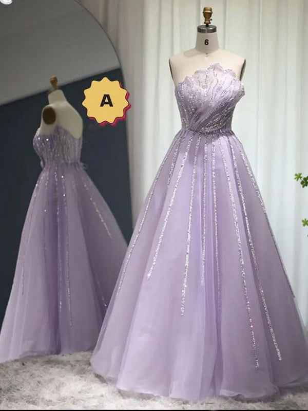 Elegant Purple A-line Strapless Maxi Long Prom Dresses,Evening Dresses,12982