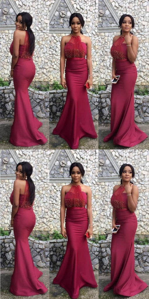 Elegant Red Mermaid Halter Cheap Long Bridesmaid Dresses,WG1342