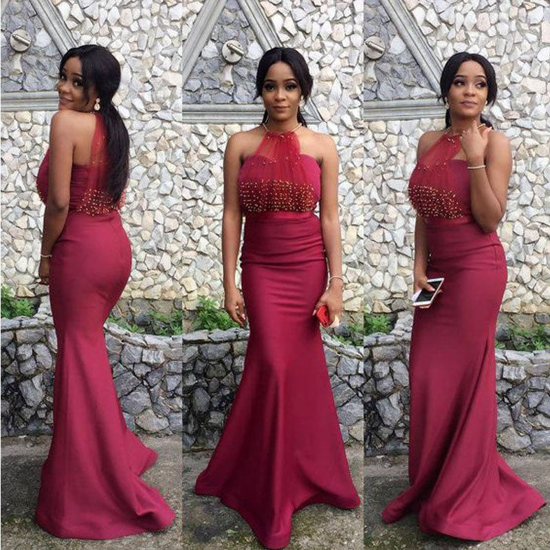 Elegant Red Mermaid Halter Cheap Long Bridesmaid Dresses,WG1342