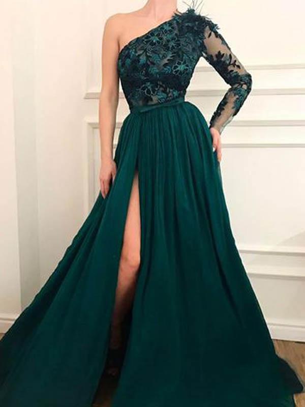 Emerald Green A-line Long Sleeves One Shoulder High Slit Prom Dresses Online,12539