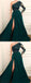 Emerald Green A-line Long Sleeves One Shoulder High Slit Prom Dresses Online,12539