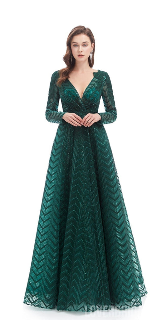 Emerald Green A-line Long Sleeves V-neck Prom Dresses Online,12610