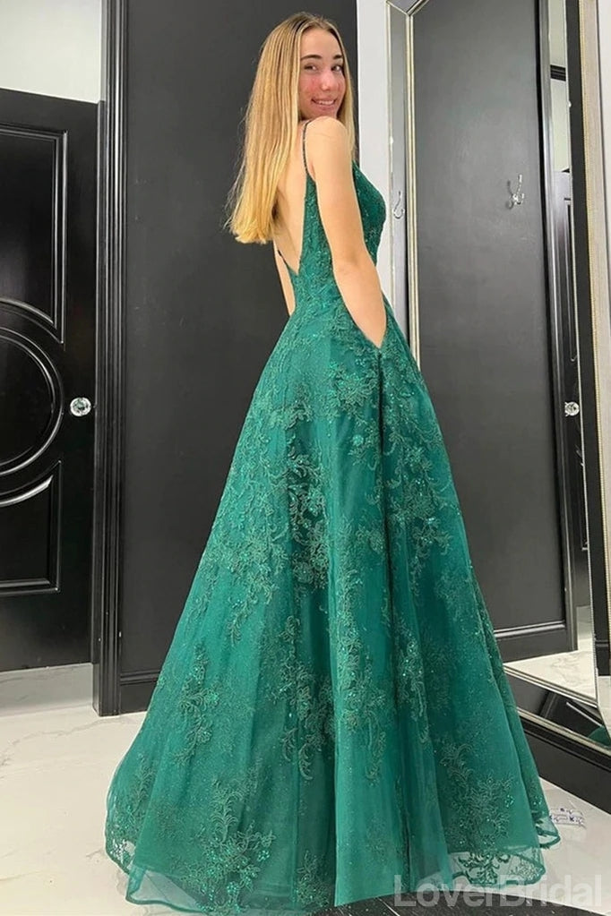 Emerald Green A-line Spaghetti Straps V-neck Cheap Long Prom Dresses,12666