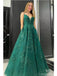 Emerald Green A-line Spaghetti Straps V-neck Cheap Long Prom Dresses,12666