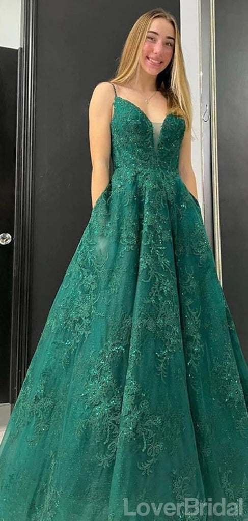 Emerald Green A-line Spaghetti Straps V-neck Cheap Long Prom Dresses,12666