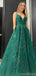 Emerald Green A-line Spaghetti Straps V-neck Cheap Long Prom Dresses,12666