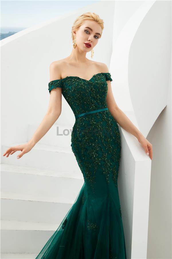 Emerald Green Lace Applique Mermaid Evening Prom Dresses, Evening Party Prom Dresses, 12128