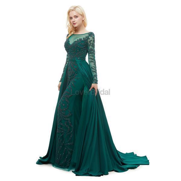 Emerald Green Long Sleeves Heavily Beaded Evening Prom Dresses, Evening Party Prom Dresses, 12051